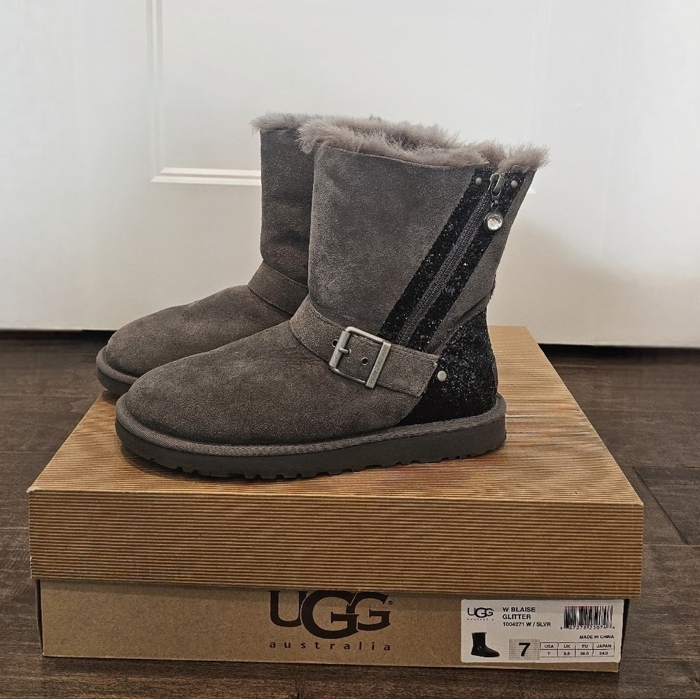 UGG with Blaise Glitter Gray and Black Buckle Boots with Box - Sz 7
